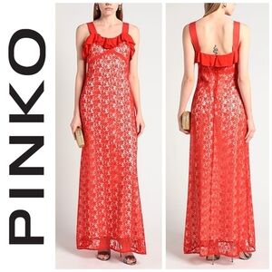 PINKO Nwt Macramè Lace Long Maxi Dress, Red Orange with White, Size 8